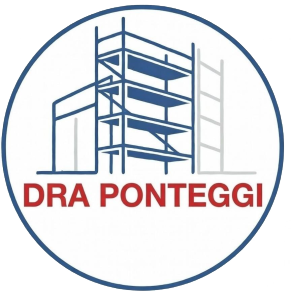 Logo circolare blu con illustrazione di un'impalcatura e testo rosso 