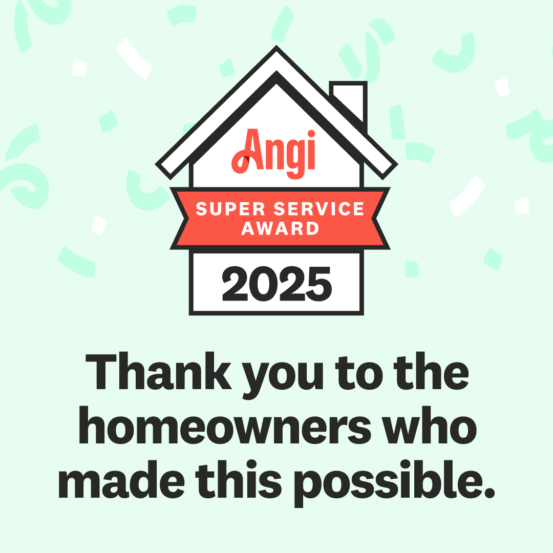 Angi Super Service Award 2024 badge in red, featuring a house outline and ribbon with the company name.