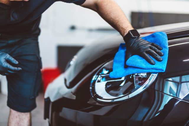 Gloved person wiping a black car’s headlight with a blue cloth during cleaning.