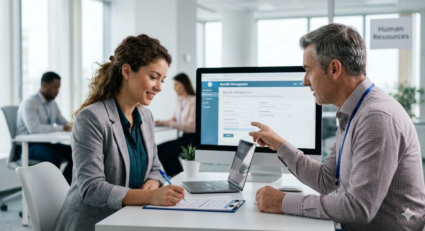 Two coworkers discuss a laptop at a desk in a bright office, with a monitor displaying a webpage behind them.