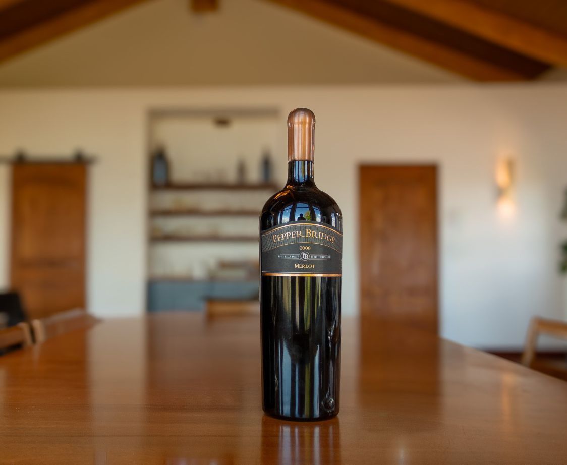2008 Pepper Bridge Winery Merlot red wine bottle from Walla Walla Valley, Washington.