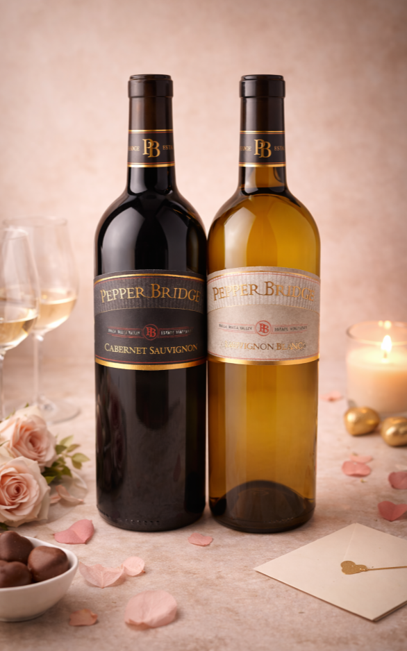Pepper Bridge Winery Cabernet Sauvignon and Sauvignon Blanc on a candlelit dinner table, showcasing Walla Walla Valley estate wines for a romantic at-home wine experience