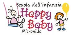 Logo per la Scuola dell'infanzia Happy Baby Microido, con bambini in stile cartone animato e testo colorato.