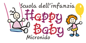 Logo per la Scuola dell'infanzia Happy Baby Microido, con bambini in stile cartone animato e testo colorato.