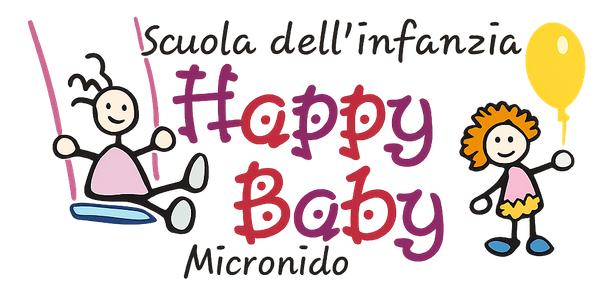 Logo per la Scuola dell'infanzia Happy Baby Microido, con bambini in stile cartone animato e testo colorato.