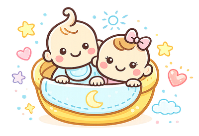 Due adorabili neonati seduti in una culla a forma di luna color pastello, circondata da stelle e cuoricini.