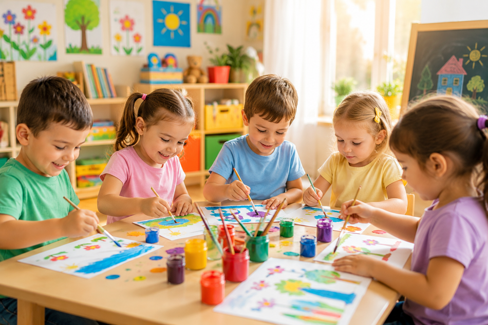 Bambini che dipingono a un tavolo in una luminosa aula d'arte, con disegni colorati e barattoli di tempera.