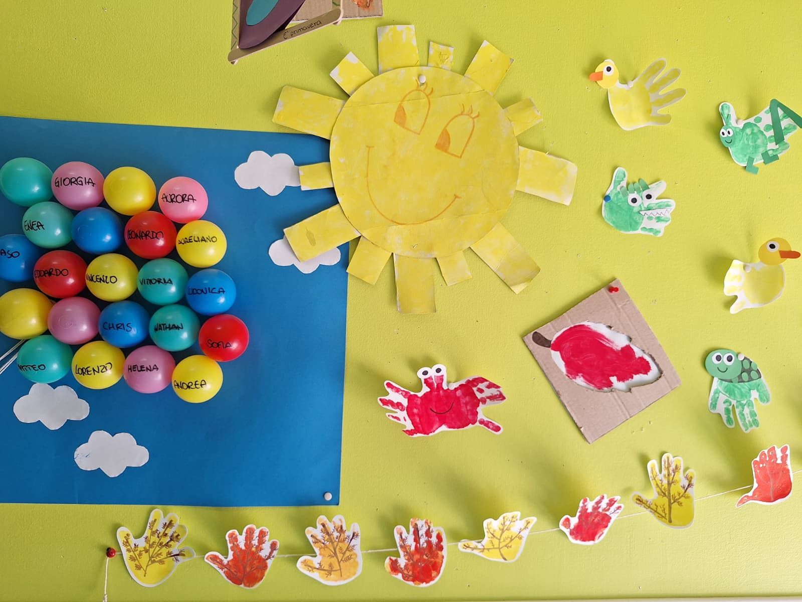 Lavoretto creativo colorato per bambini con le impronte delle mani: un sole giallo sorridente, nuvole di carta e uova dipinte su carta blu e gialla.