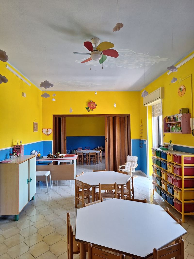 Aula luminosa con pareti gialle, ventilatore a soffitto colorato, tavoli e sedie a misura di bambino e scaffali con giocattoli e contenitori per libri.