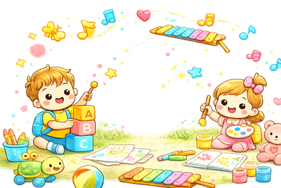 Due bambini giocano con giocattoli e blocchi colorati in una vivace e allegra scena di classe.