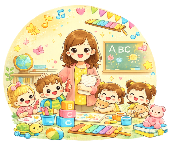 Insegnante e bambini in un'aula colorata con lavagna dell'alfabeto, libri, giocattoli e blocchi didattici.
