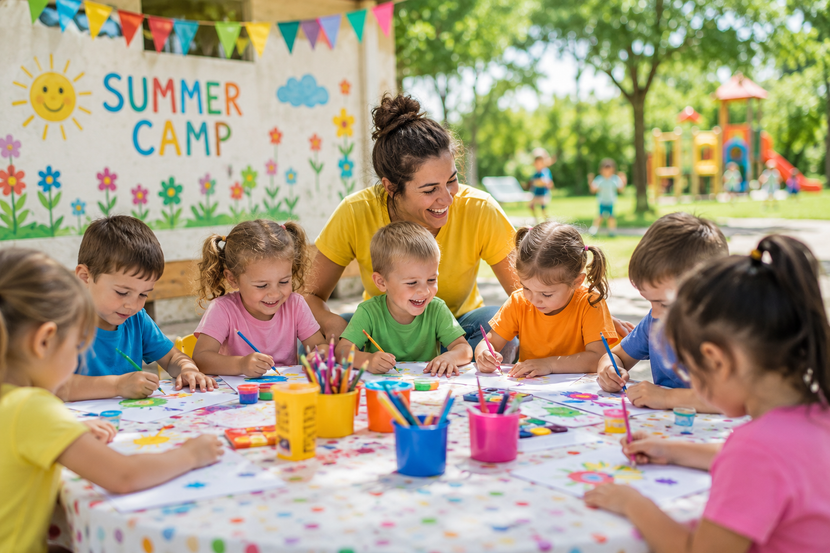 Bambini che dipingono a un tavolo da lavoretti in un campo estivo, con materiali colorati e un cartello con la scritta