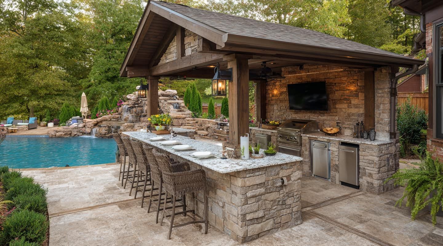 Two stainless steel gas grills built into a stone wall, likely outdoors.