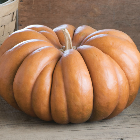 Orange pumpkin on a wooden surface, with deep ridges and a stem.