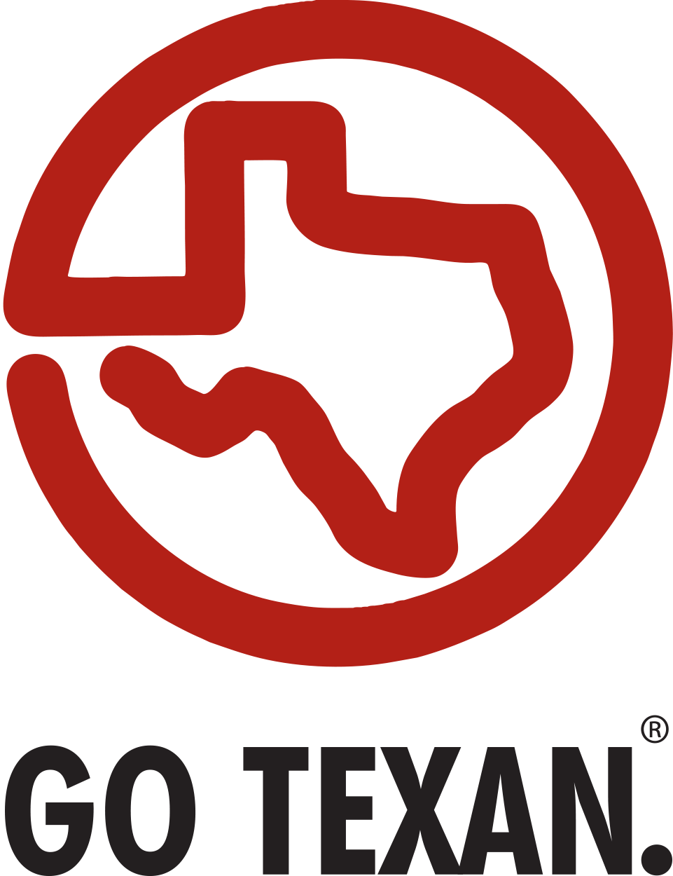 Red Texas outline within a red circle, 
