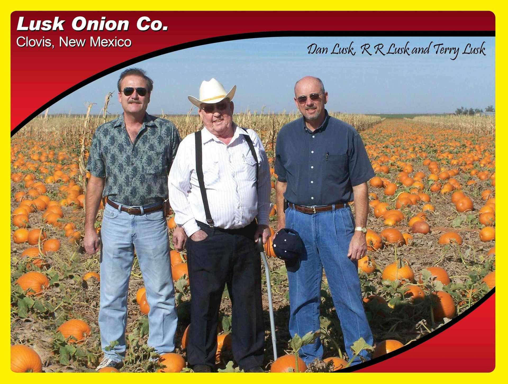 Three men in a pumpkin field, Lusk Onion Co., Okla, New Mexico. One wears a cowboy hat.