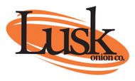 Lusk Onion Co. logo: Black text "Lusk" with "onion co." beneath, over an orange and white onion-shaped design.