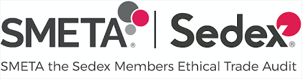 SMETA Sedex logo. SMETA is a Sedex Members Ethical Trade Audit. Dark gray and pink circles.
