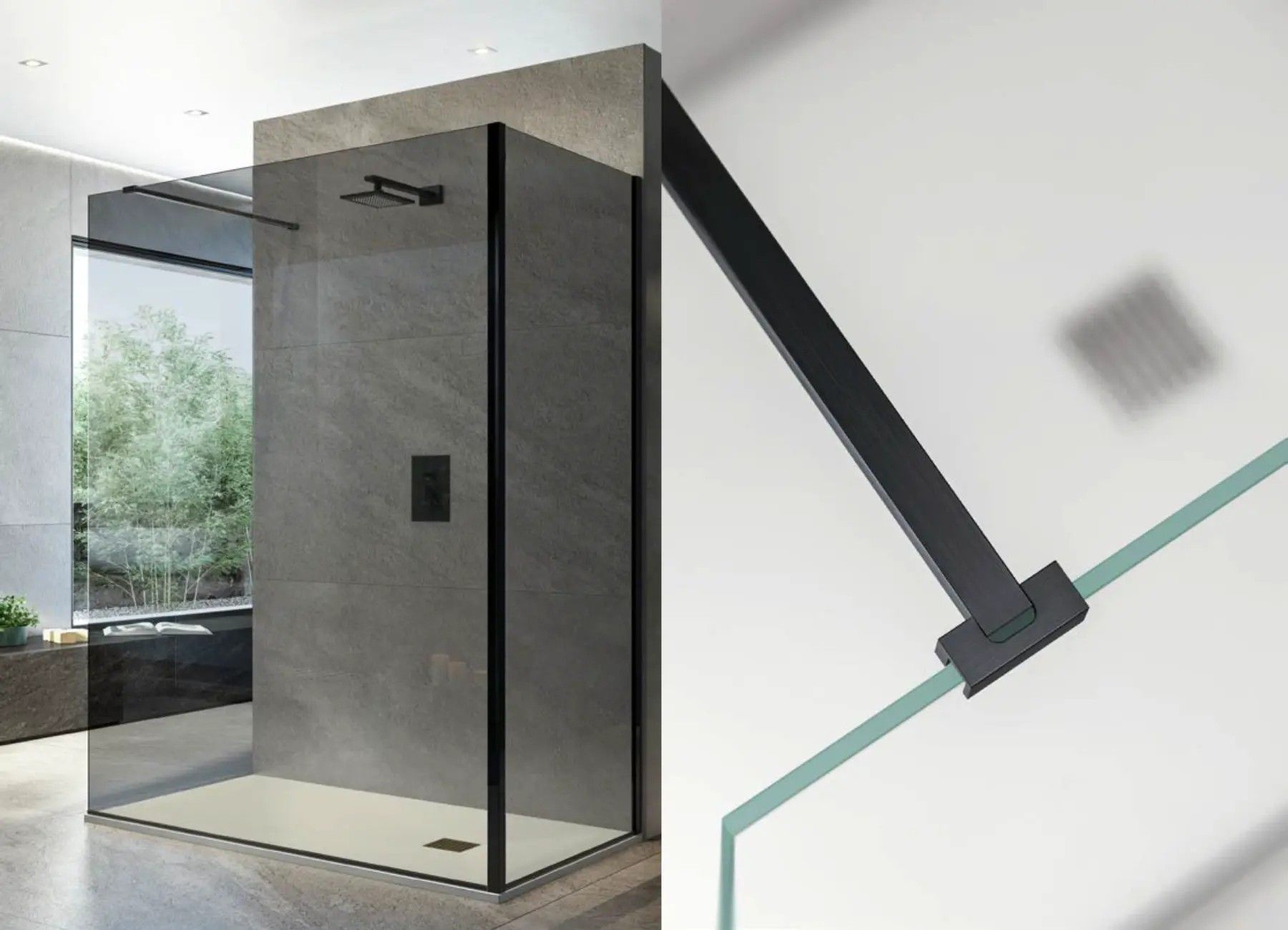 Box doccia in vetro con cornice nera e ferramenta nera opaca, design moderno per il bagno.