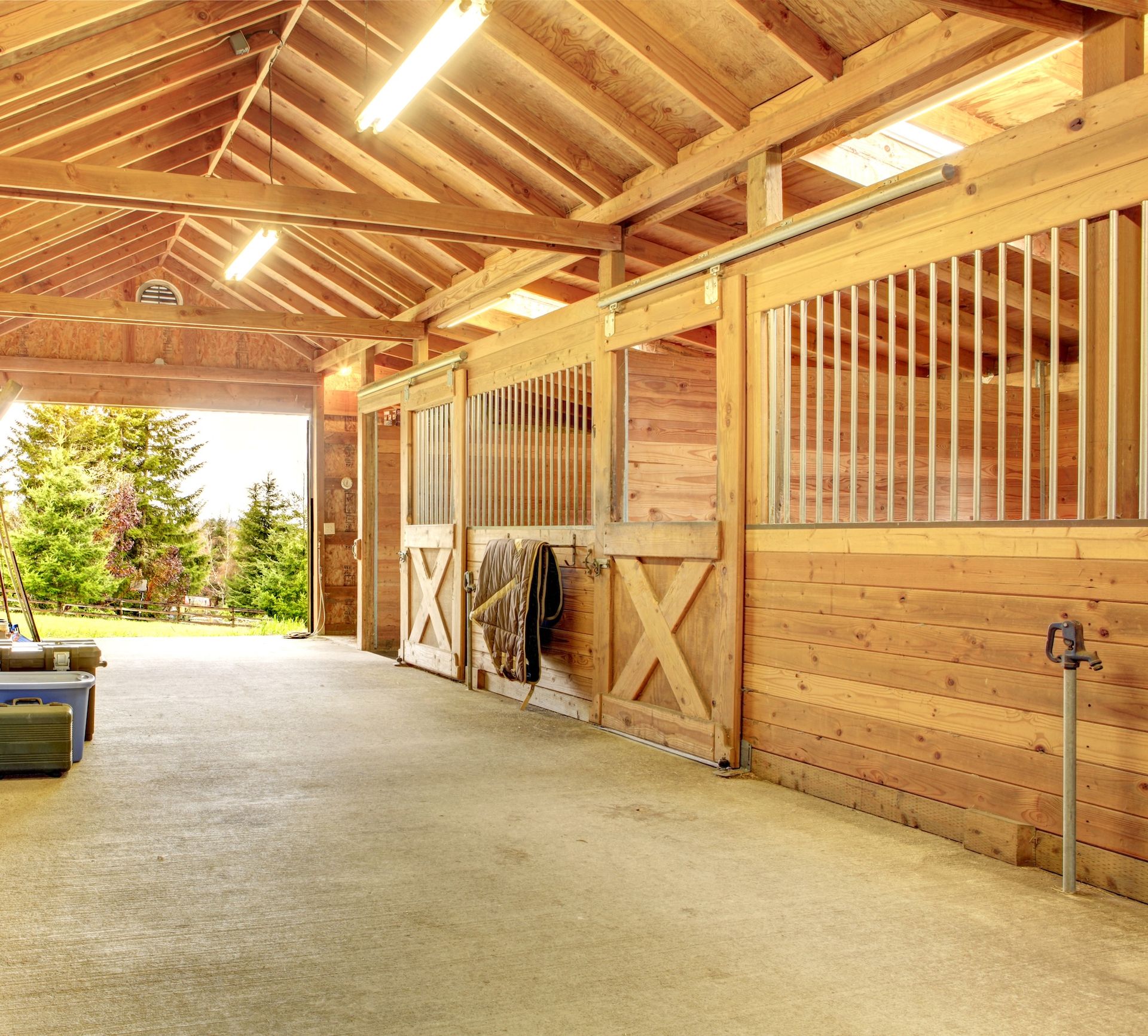 Wooden horse stable aisle with stalls, open gate, and sunlit timber roof