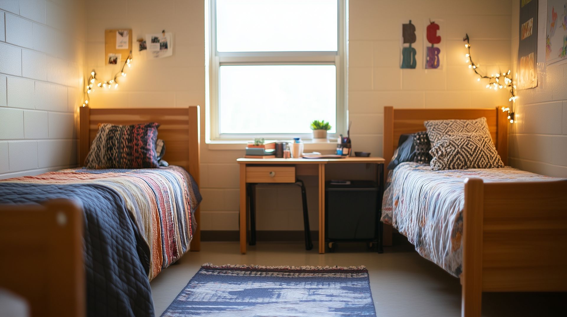 Cozy twin bedroom with two beds, a window, desk, and warm string lights