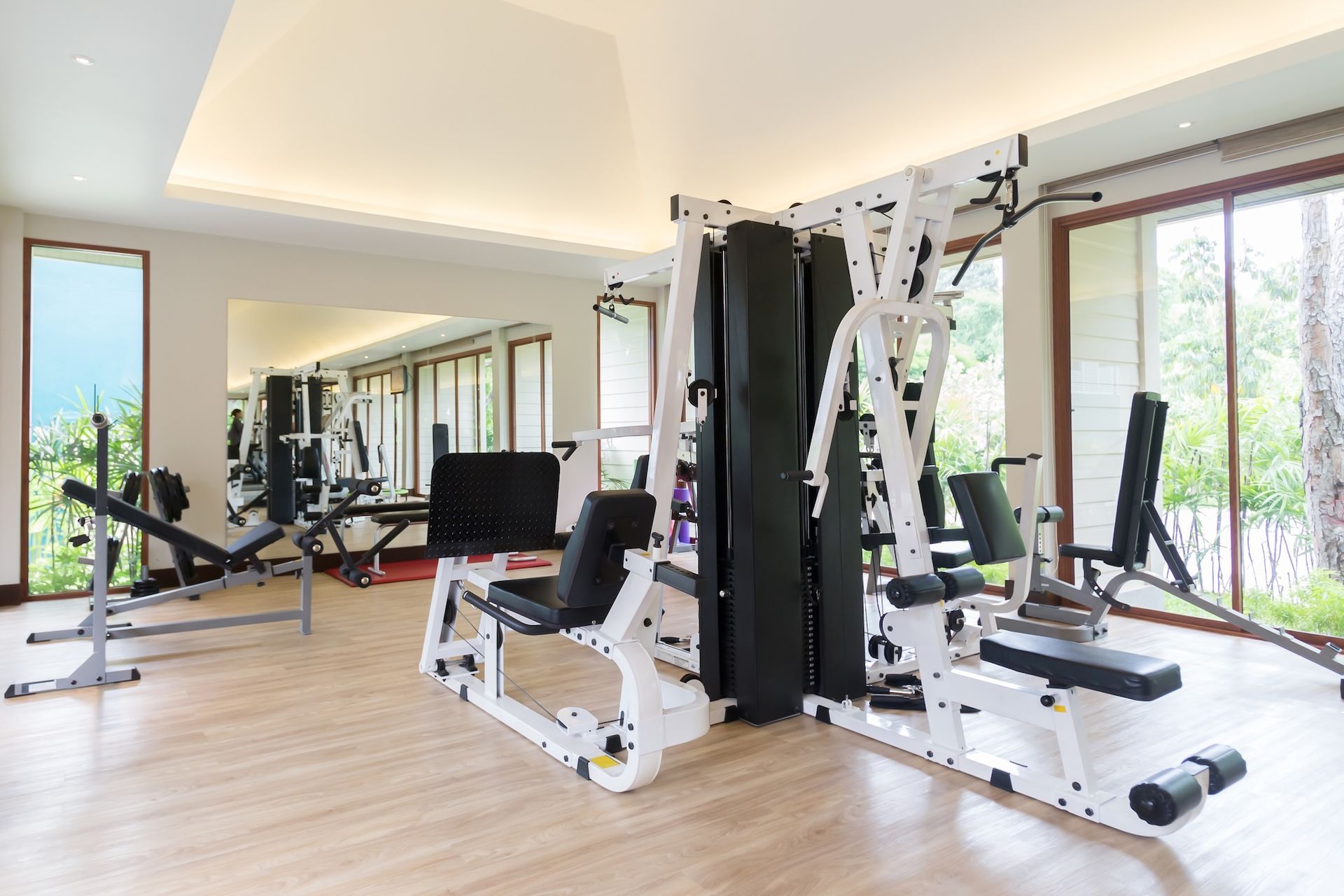 Modern home gym with white strength machines, mirrors, and large windows in a bright room