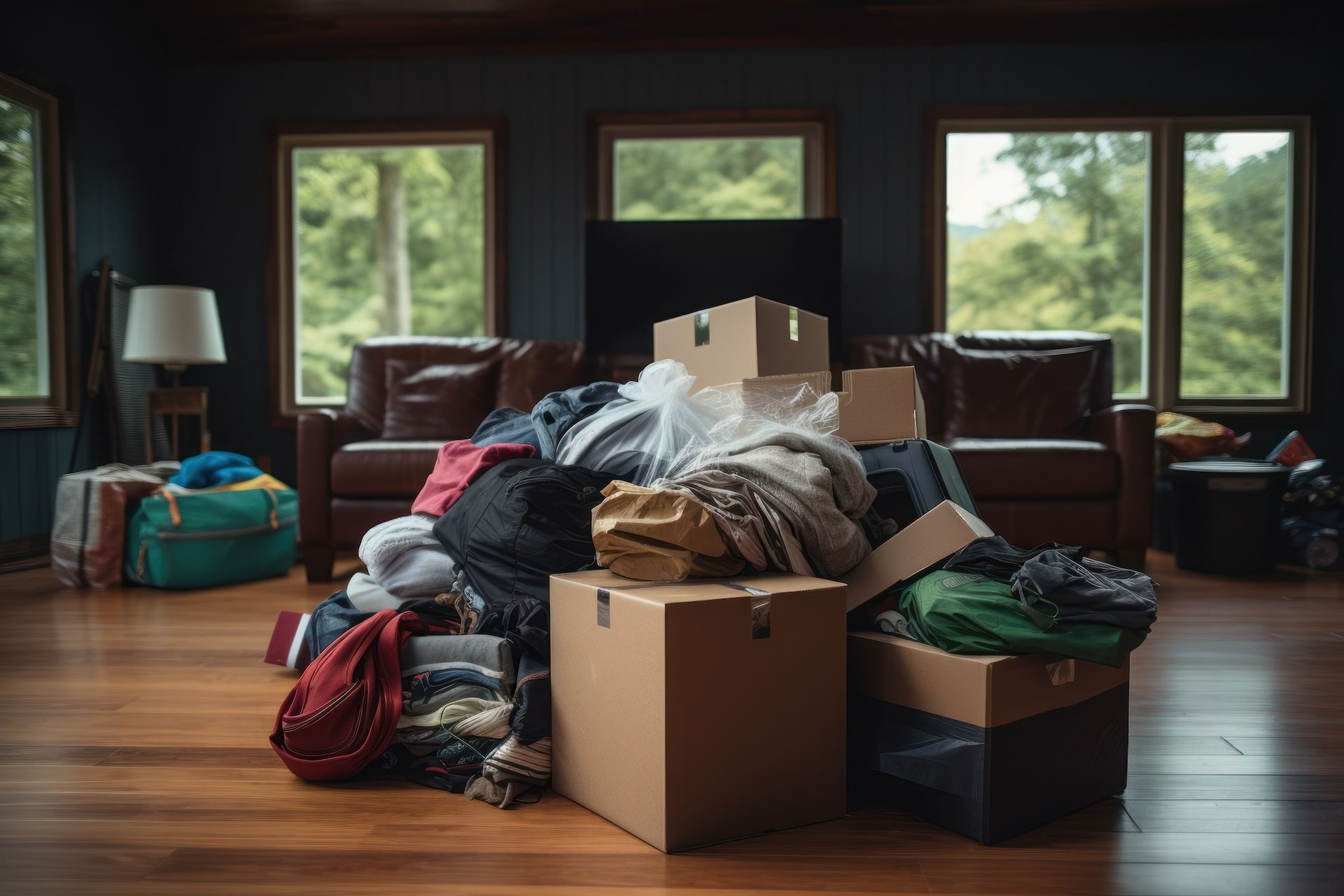 Packed boxes and bags on a wooden floor in a sunlit room with large windows.