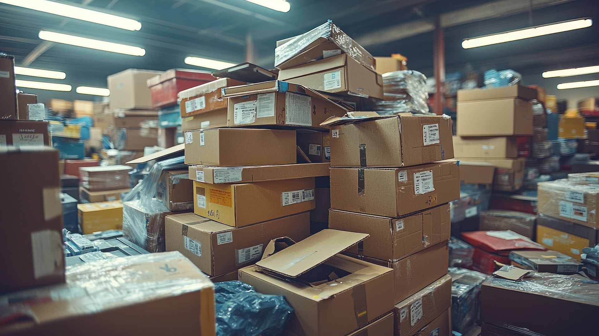 Cluttered warehouse filled with stacked cardboard boxes and packing materials under bright fluorescent lights