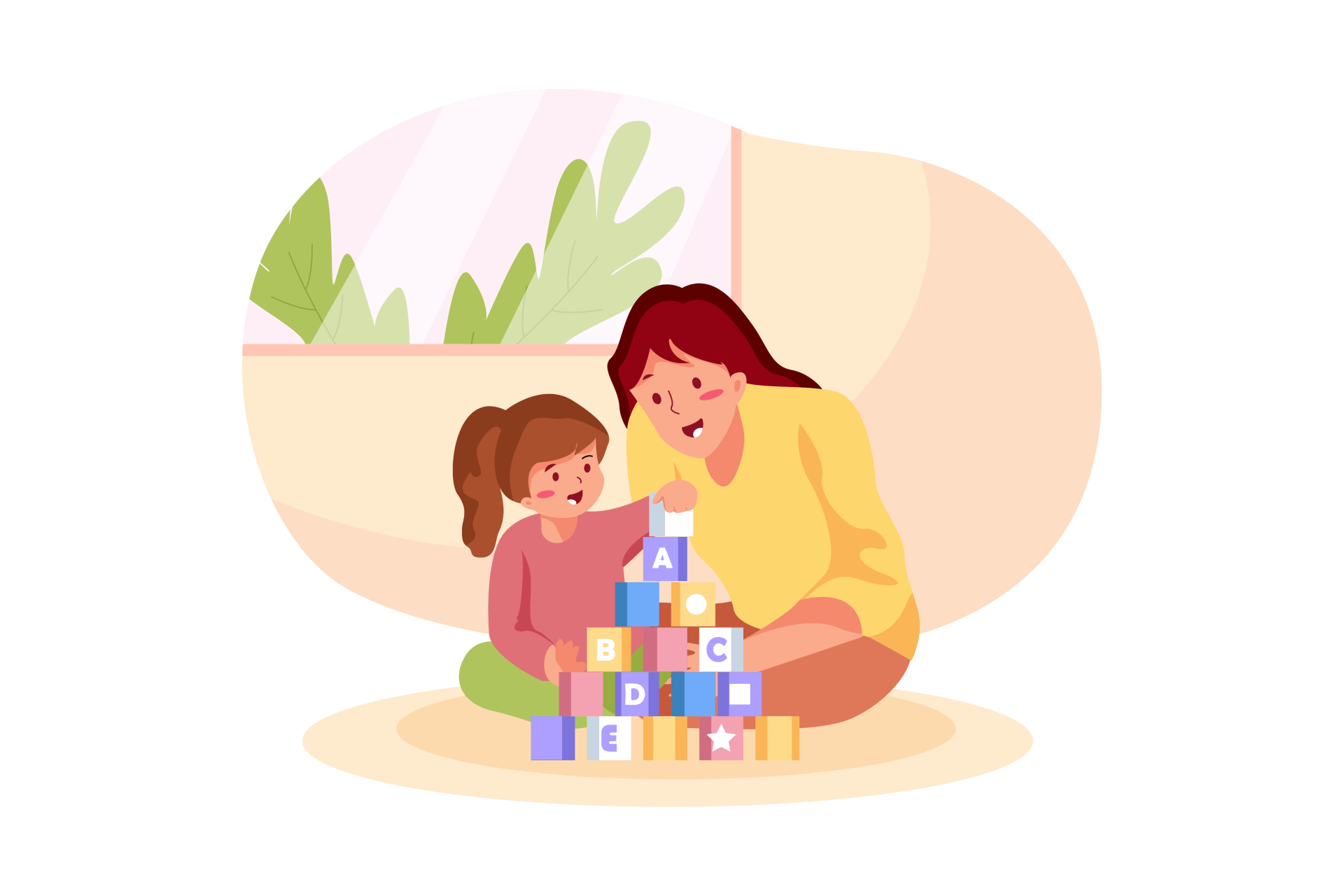 Cartoon illustration of teacher helping toddler