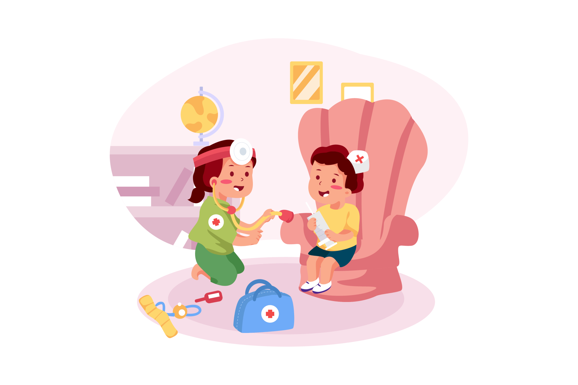 Cartoon illustration of two children role playing as doctors