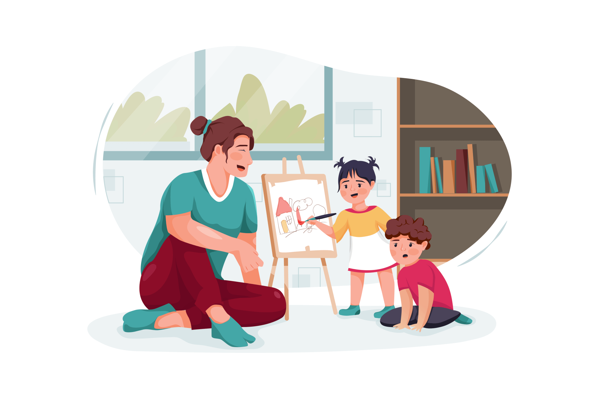 Cartoon illustration of young teacher watching his students play and paint