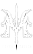 A white line art logo featuring a stylized letter M with a sword centered vertically, over faint text on a black background.