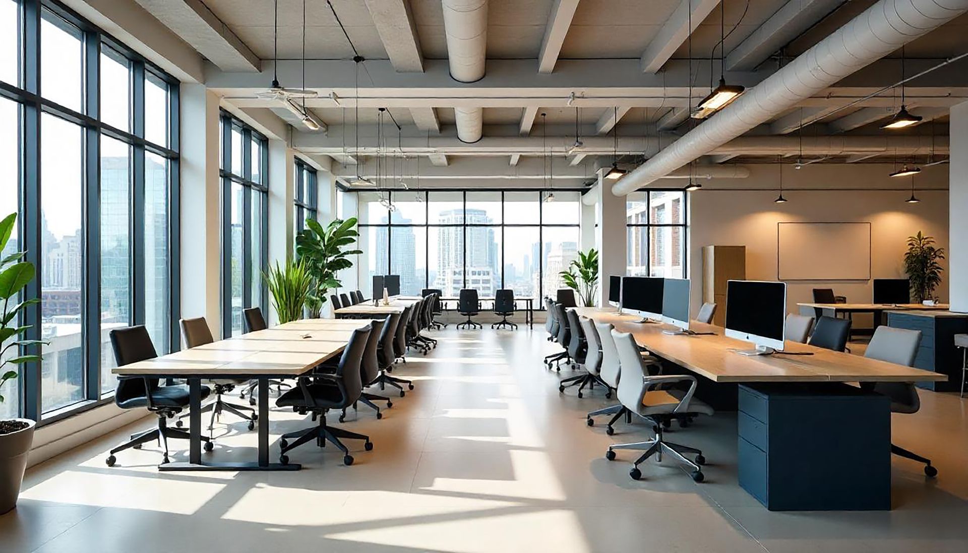 A modern open office with new desks, ergonomic chairs, and large windows