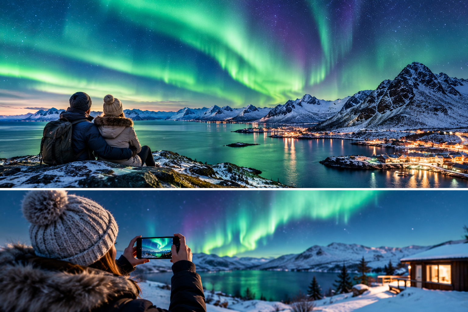 Aurora lights over snowy fjord at night, with travelers photographing the glowing mountain landscape
