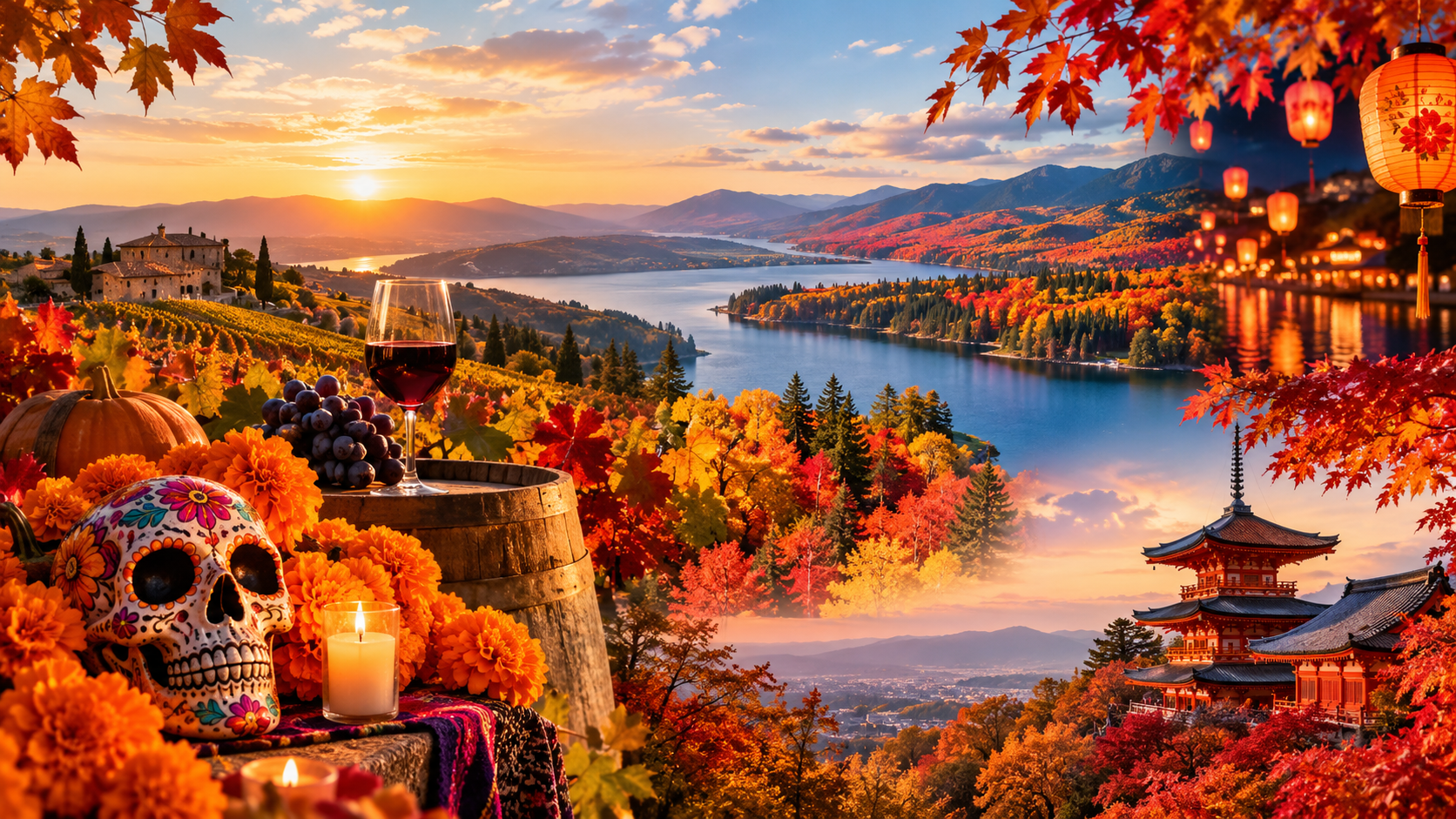 Autumn lakeside town at sunset with glowing lanterns, autumn foliage, and a decorative skull in the foreground