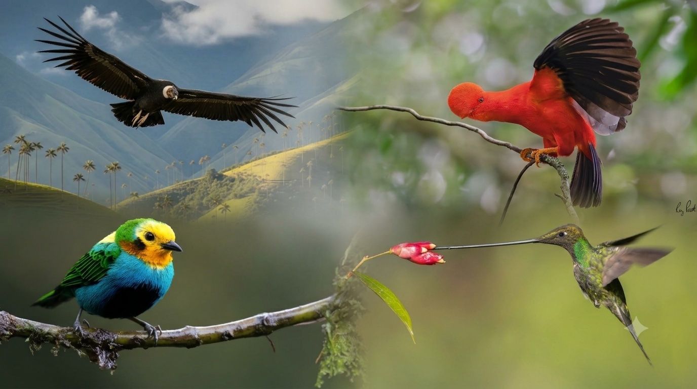 Andean Condor, Andean Cock-of-the-Rock, Multicoloured Tanager, Sword-Billed Hummingbird Four colourful birds perched and flying over branches in a misty Colombian landscape