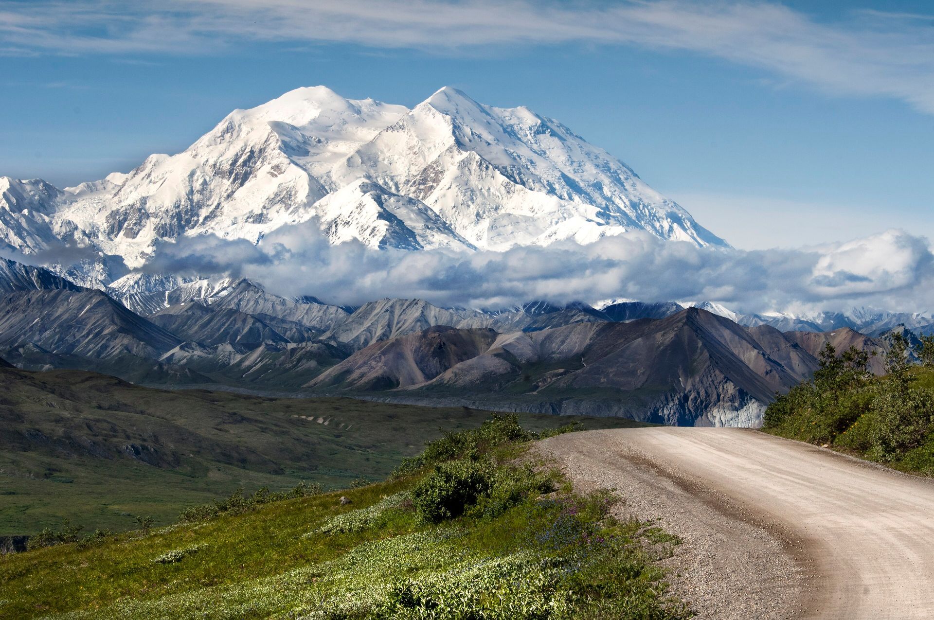 Denali is the tallest peak in North America Snow-covered mountain under a blue sky, with a winding dirt road and green valley in the foreground