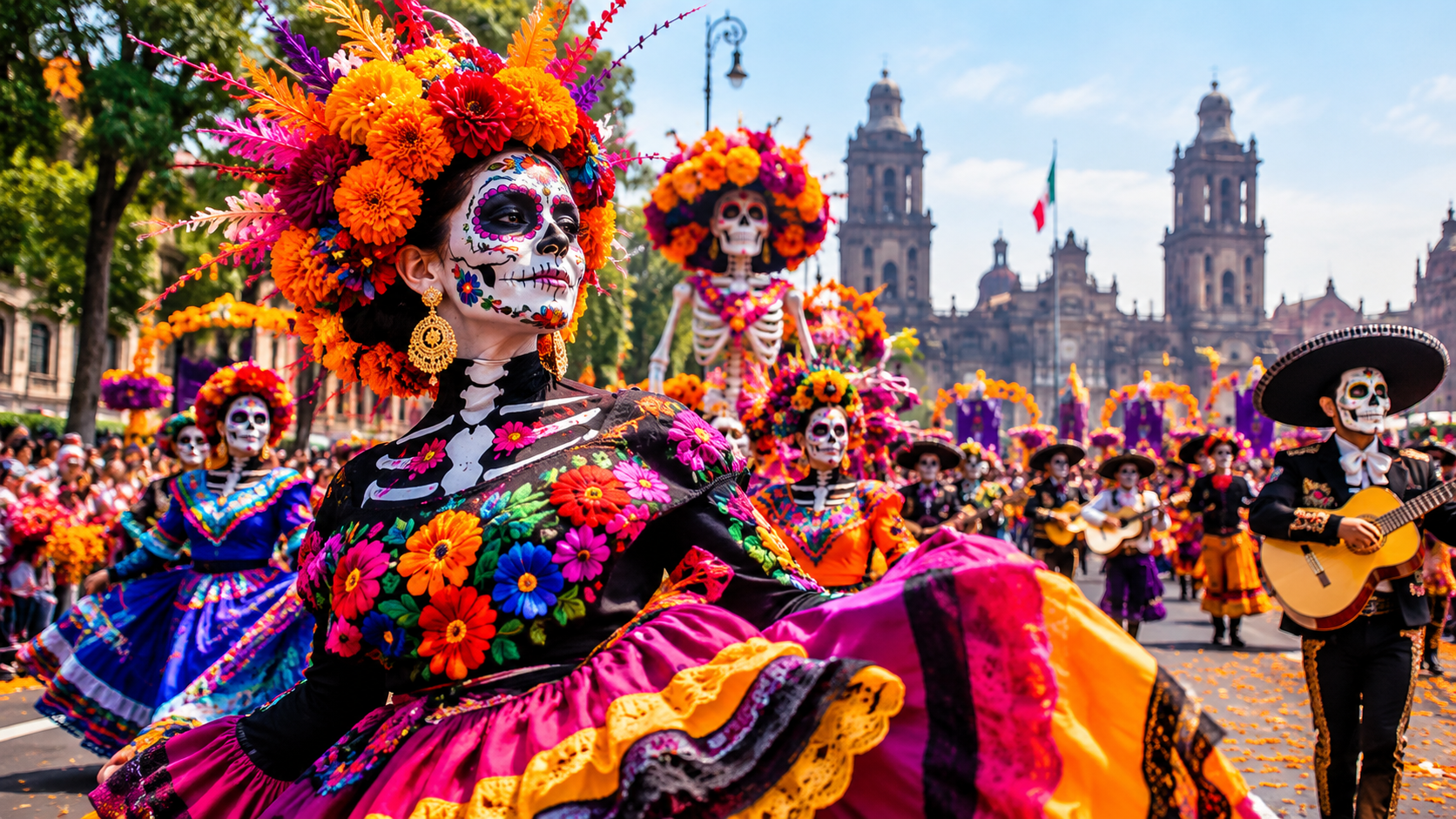 Day of the Dead parade with colorful skull-costumed dancers in a city square before a cathedral