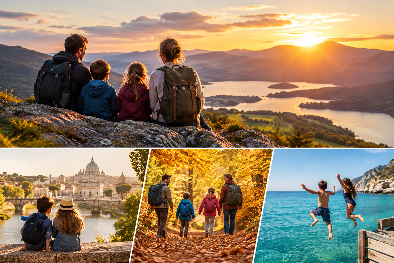 Travel collage: hikers at sunset, people by a cathedral and autumn forest, friends jumping into turquoise water