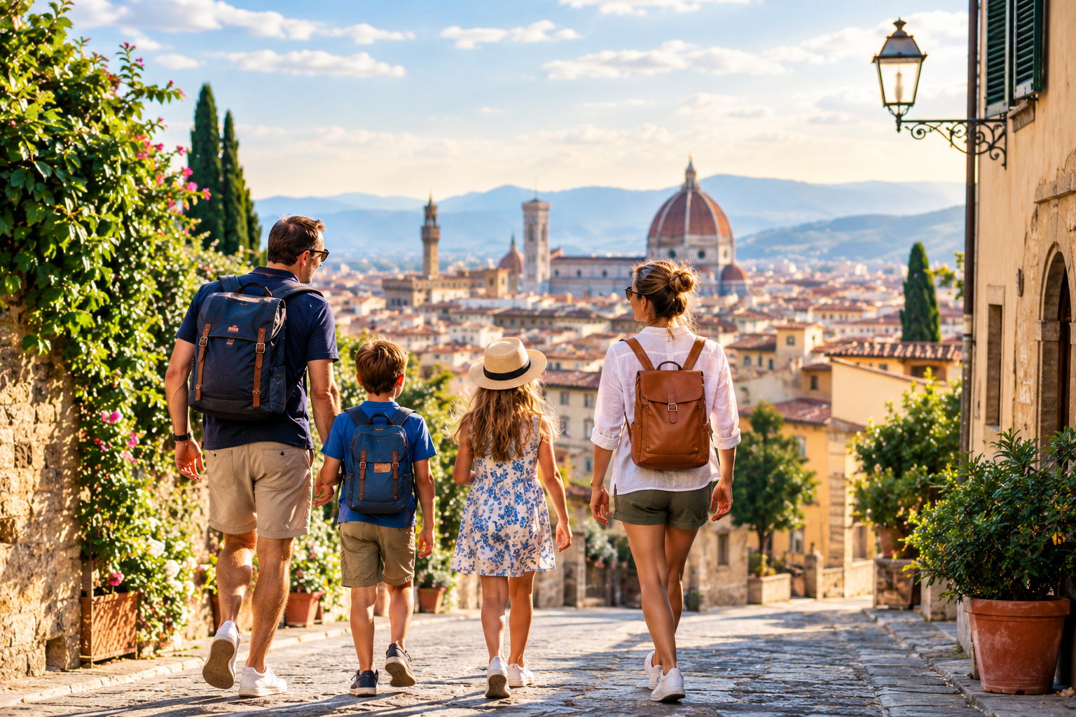 Family walking down a cobblestone street toward Florence’s cathedral at sunset