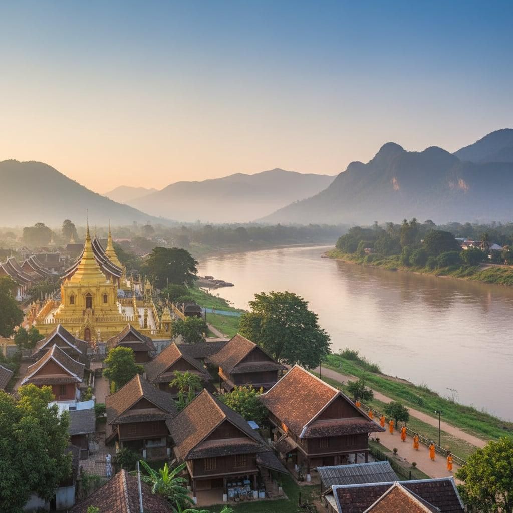Golden temple beside a riverside village at sunrise, with misty mountains in the background