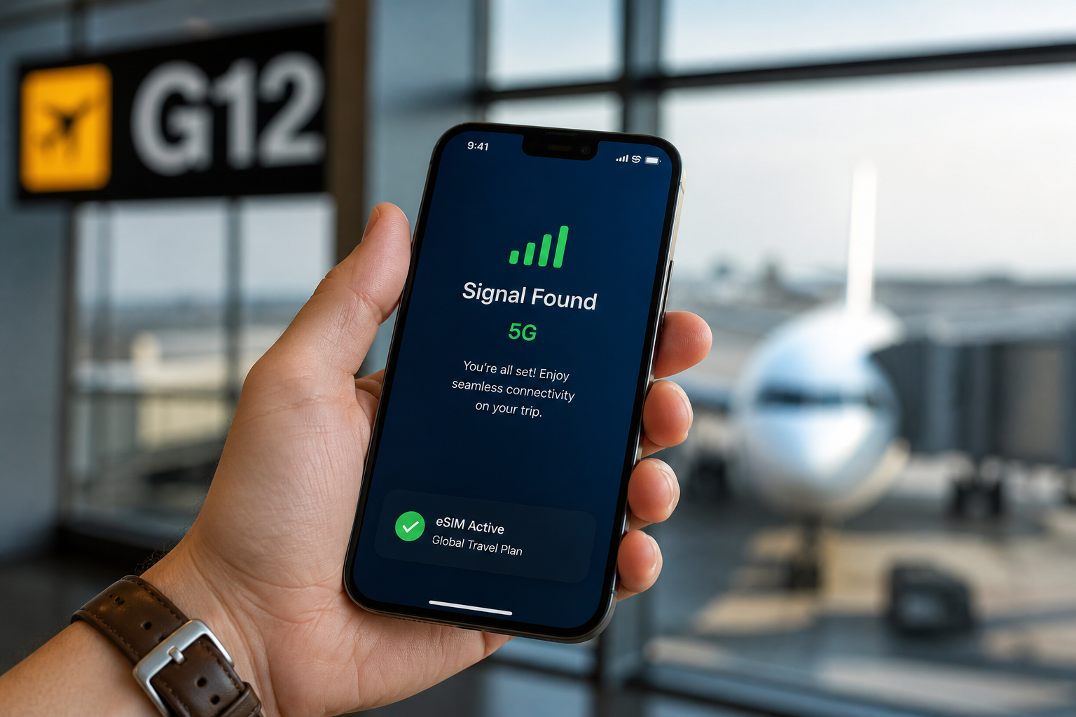 Hand holding smartphone showing “Signal found” at airport gate G12 with plane in background