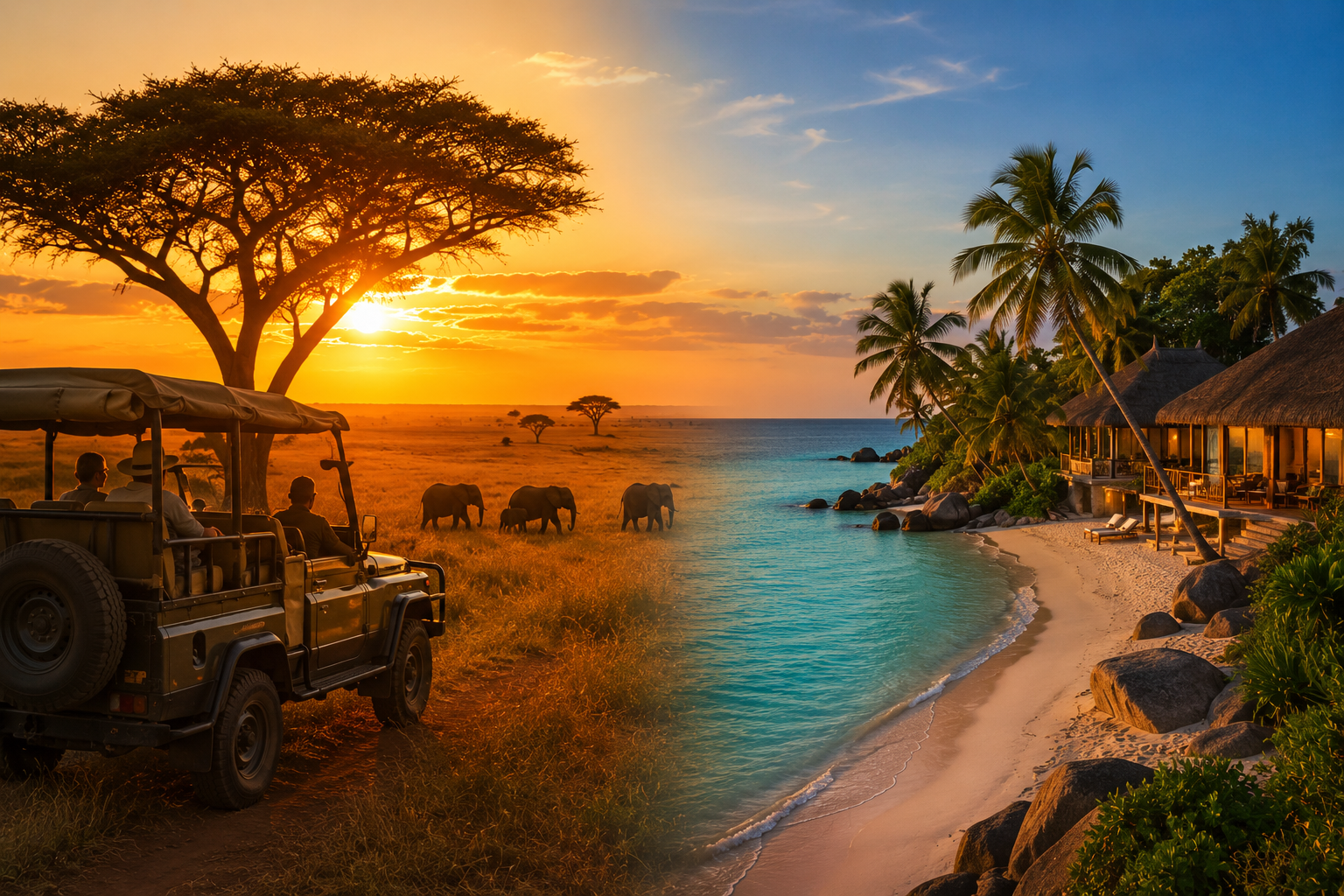 Safari vehicles watching elephants at sunset and palm trees and a beach villa in a tropical location