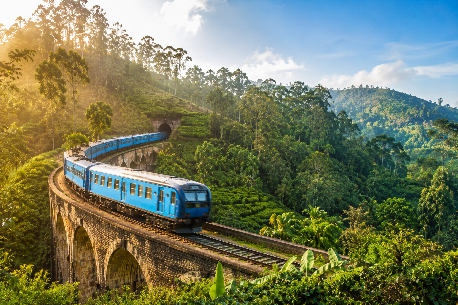 Blue train crossing a stone viaduct through lush green mountains at sunset