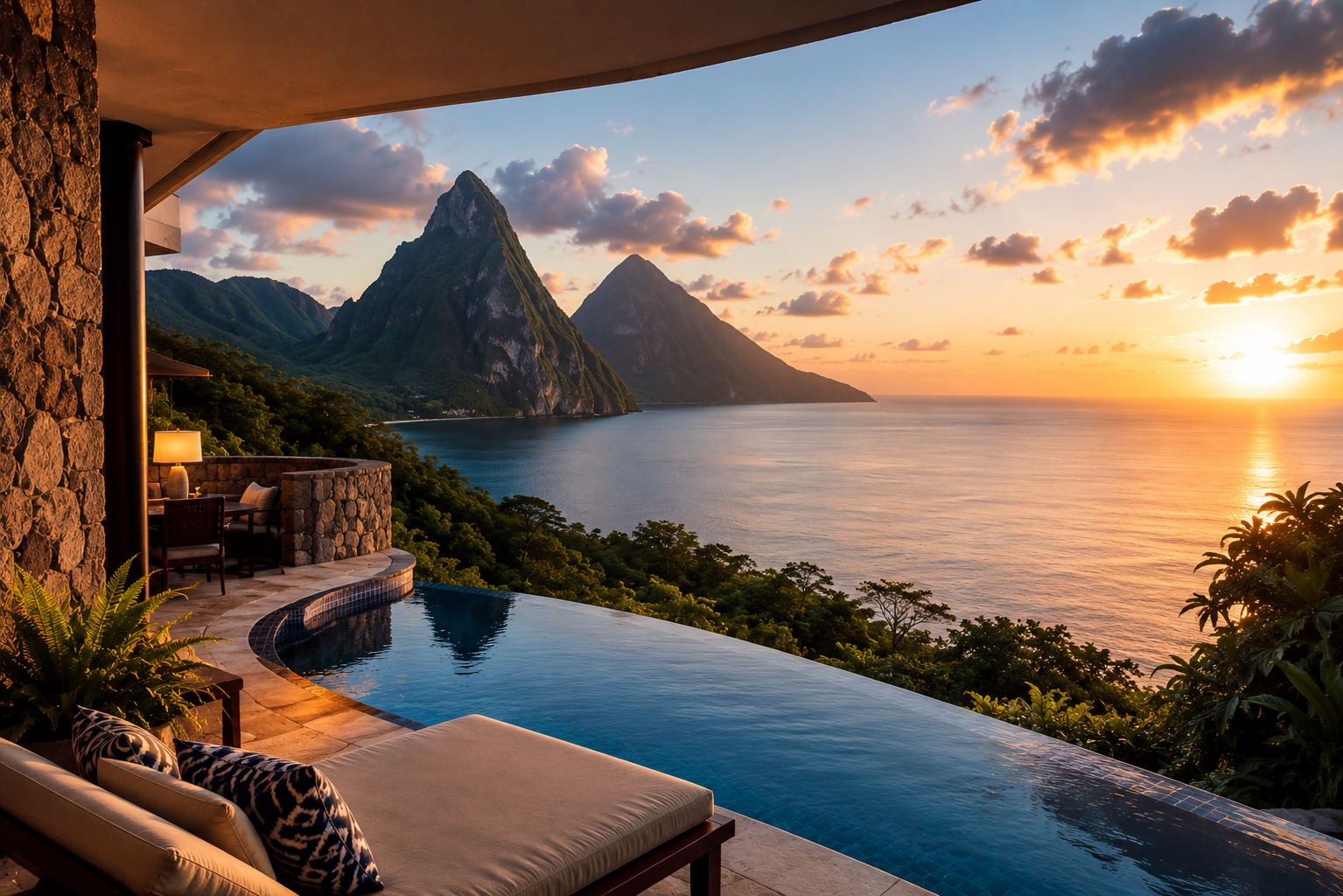 Luxury infinity pool overlooking a sunset ocean and mountain view from a tropical terrace