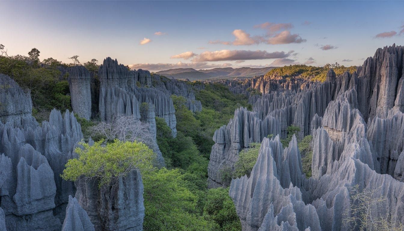 Jagged gray limestone spires with green vegetation in a canyon at sunset