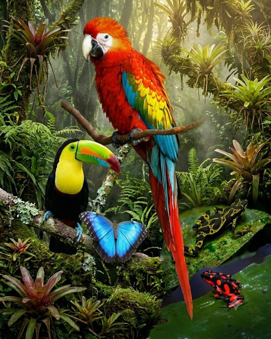 Keel-Billed Toucan, Blue Morpho Butterfly, Poison Dart Frogs, Scarlet Macaw Colourful parrots and toucan in a lush tropical rainforest with butterflies, frogs and flowers