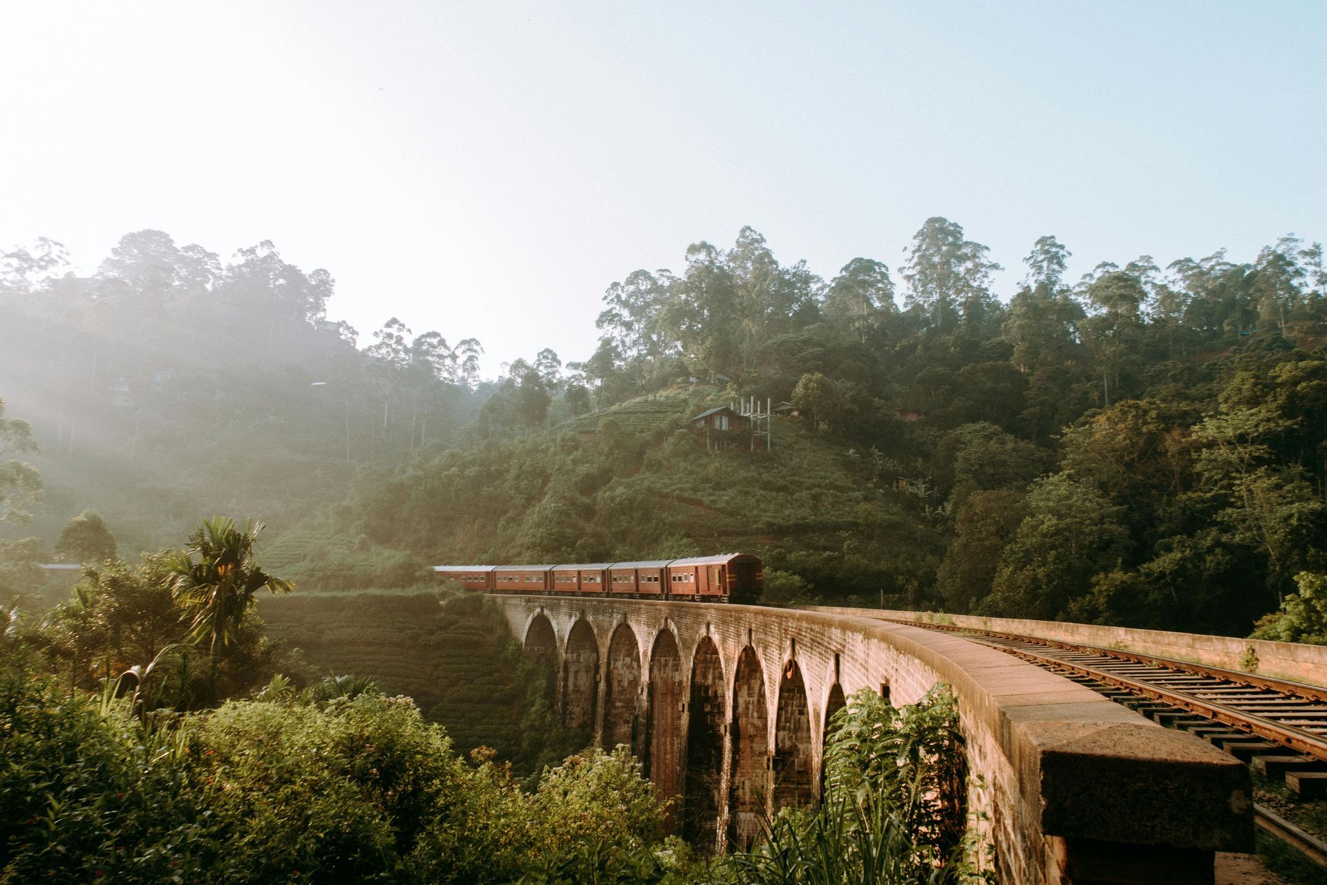 Train crossing the Nine Arch Bridge in Sri Lanka; green hills and trees surround.