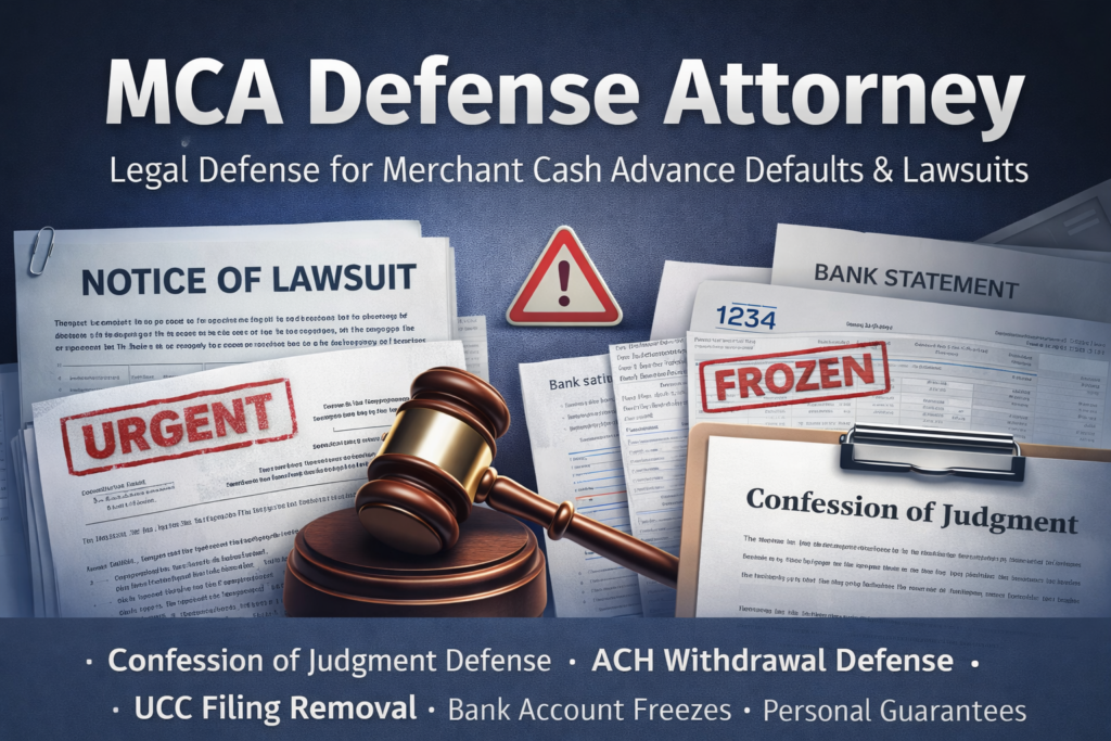 MCA Defense Attorney banner with lawsuit papers, judge’s gavel, and “Frozen” bank account notices.