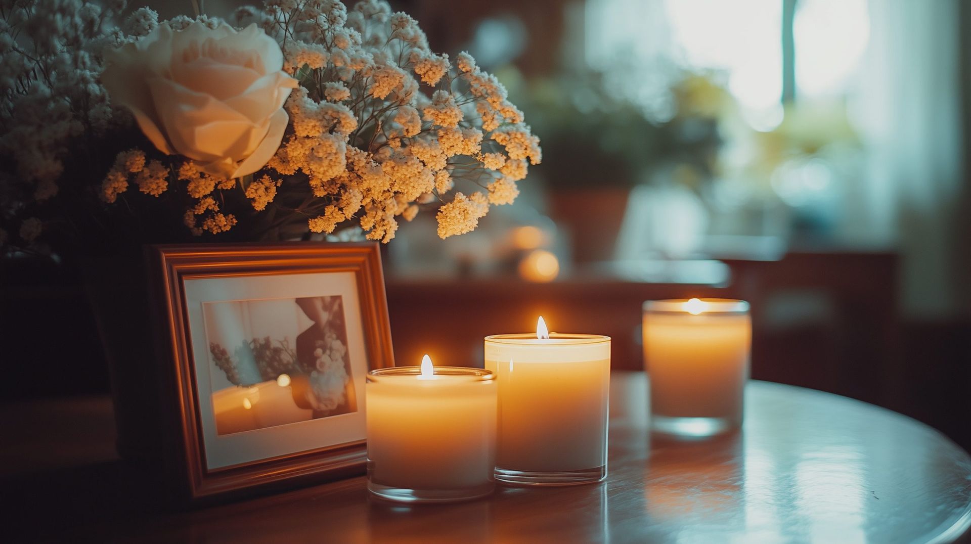 A memorial arrangement with a framed photo, soft white flowers, and three lit candles on a wooden table.